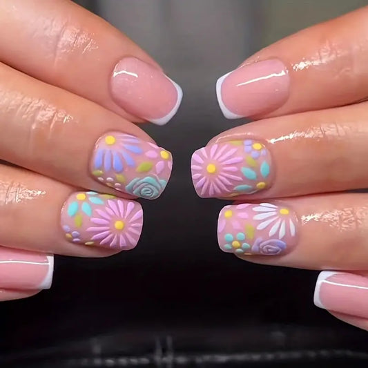 Colorful Flower Design Press On Finger Nails