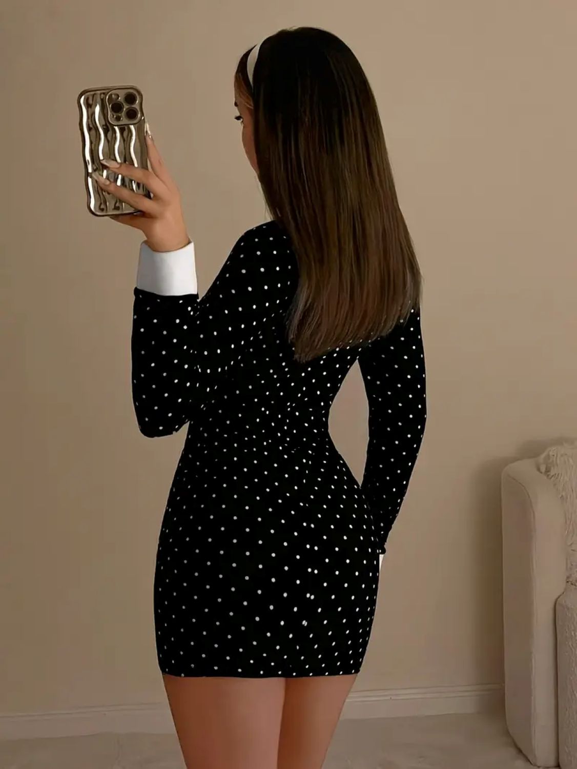 Stretchy Black and White Polka Dot Mini Dress