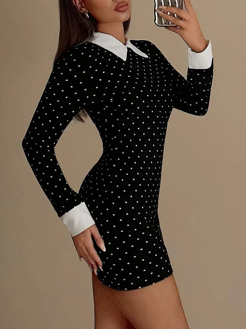 Stretchy Black and White Polka Dot Mini Dress