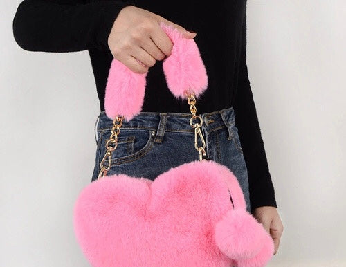 Pink Faux Fur Heart Shape Purse